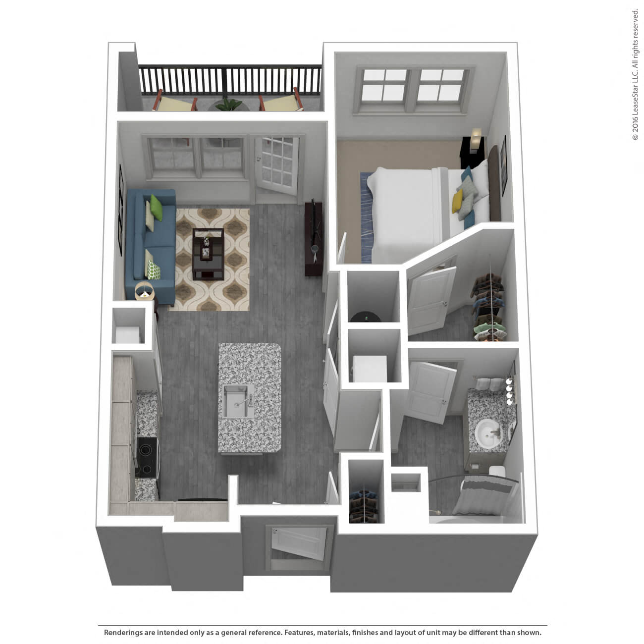 Floor plan for 1 bed, 1 bath, 673 sqft